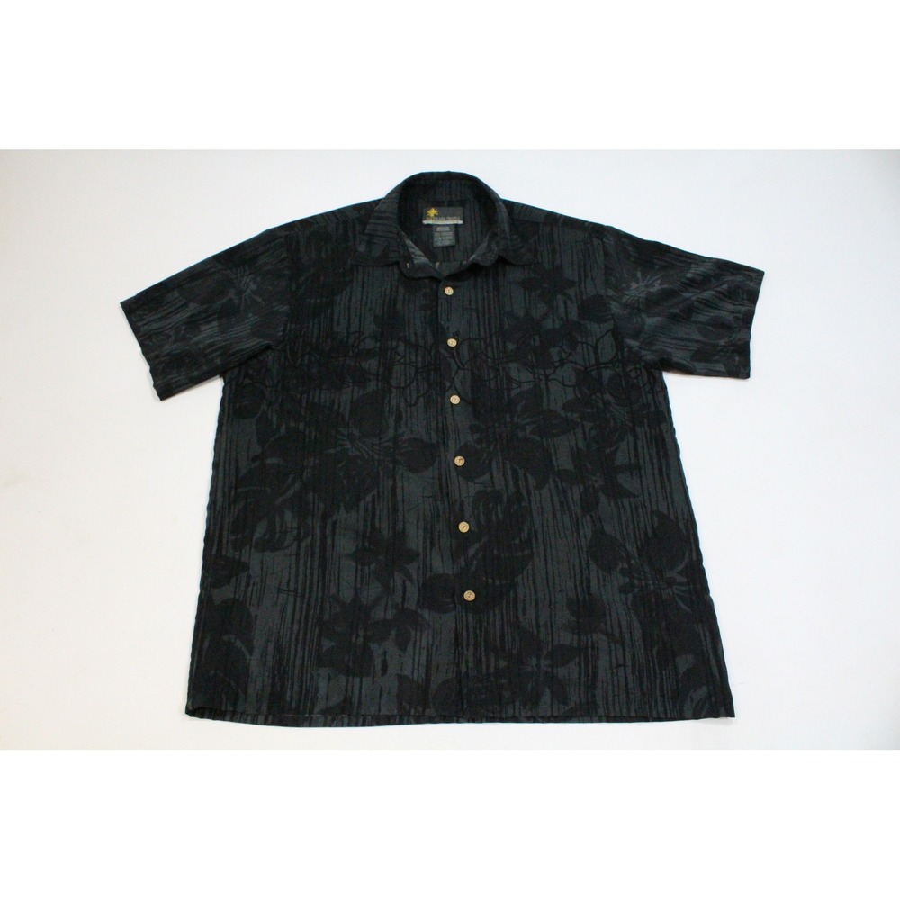 Island Tropics Mens Medium Black Floral Button Down Short Sleeve Shirt Tropical